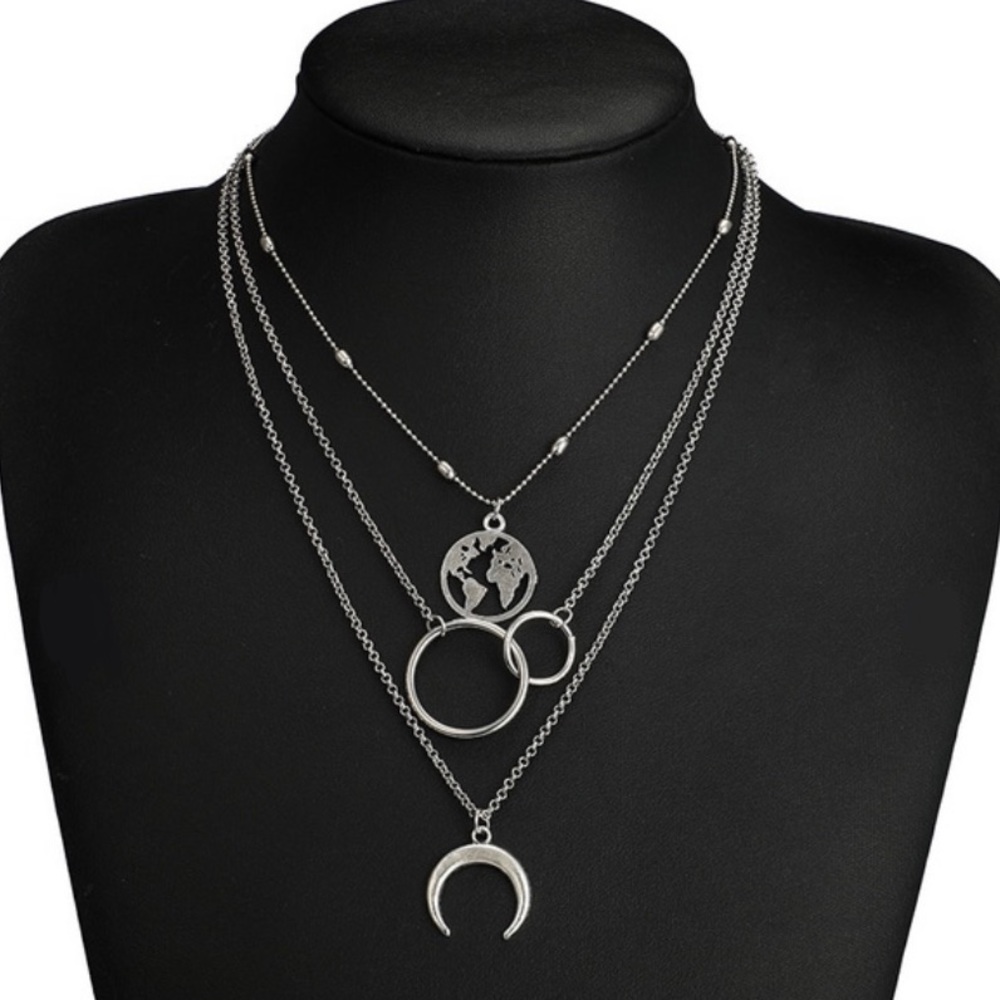 Silver Layered Map Crecent Necklace - Picture 4 of 6